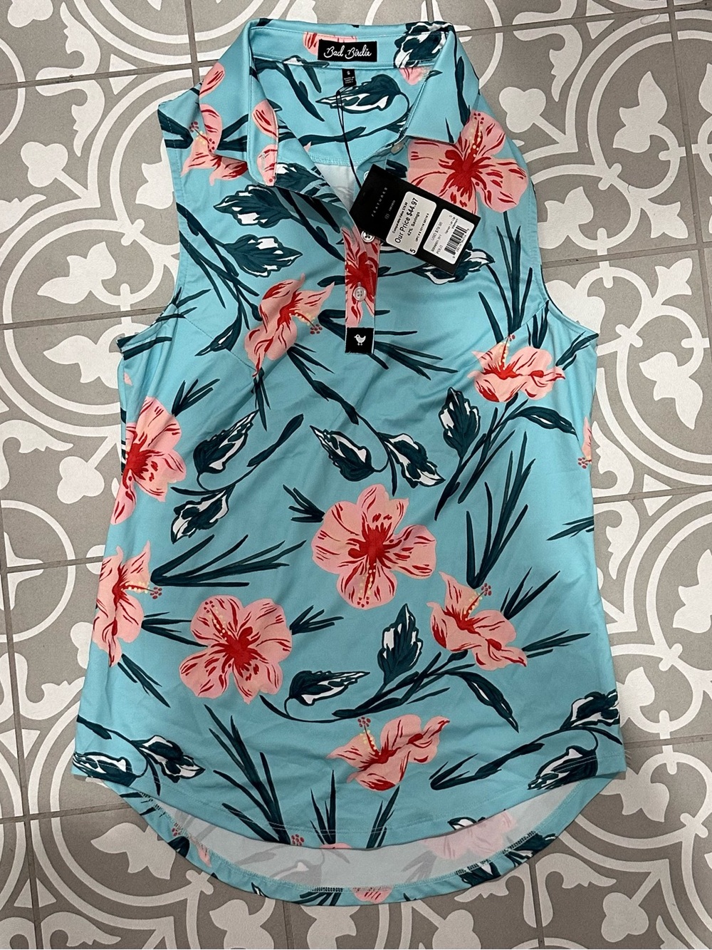 Bad Birdie Aqua Floral Sleeveless Polo Tank Top